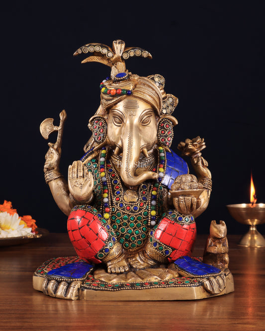 Unique Brass Lord Ganesha Statue with Meenakari Stonework – 9.5"