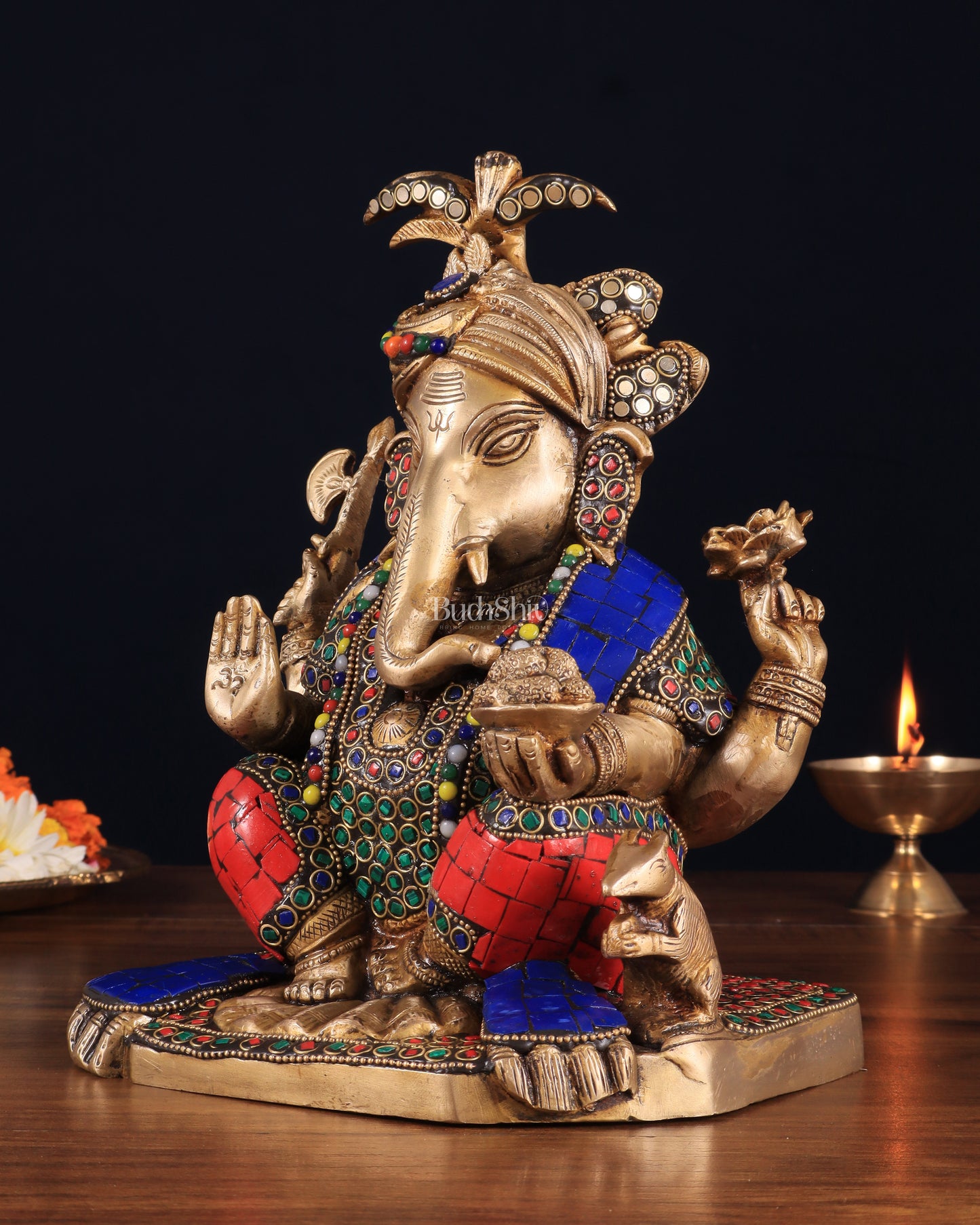 Unique Brass Lord Ganesha Statue with Meenakari Stonework – 9.5"