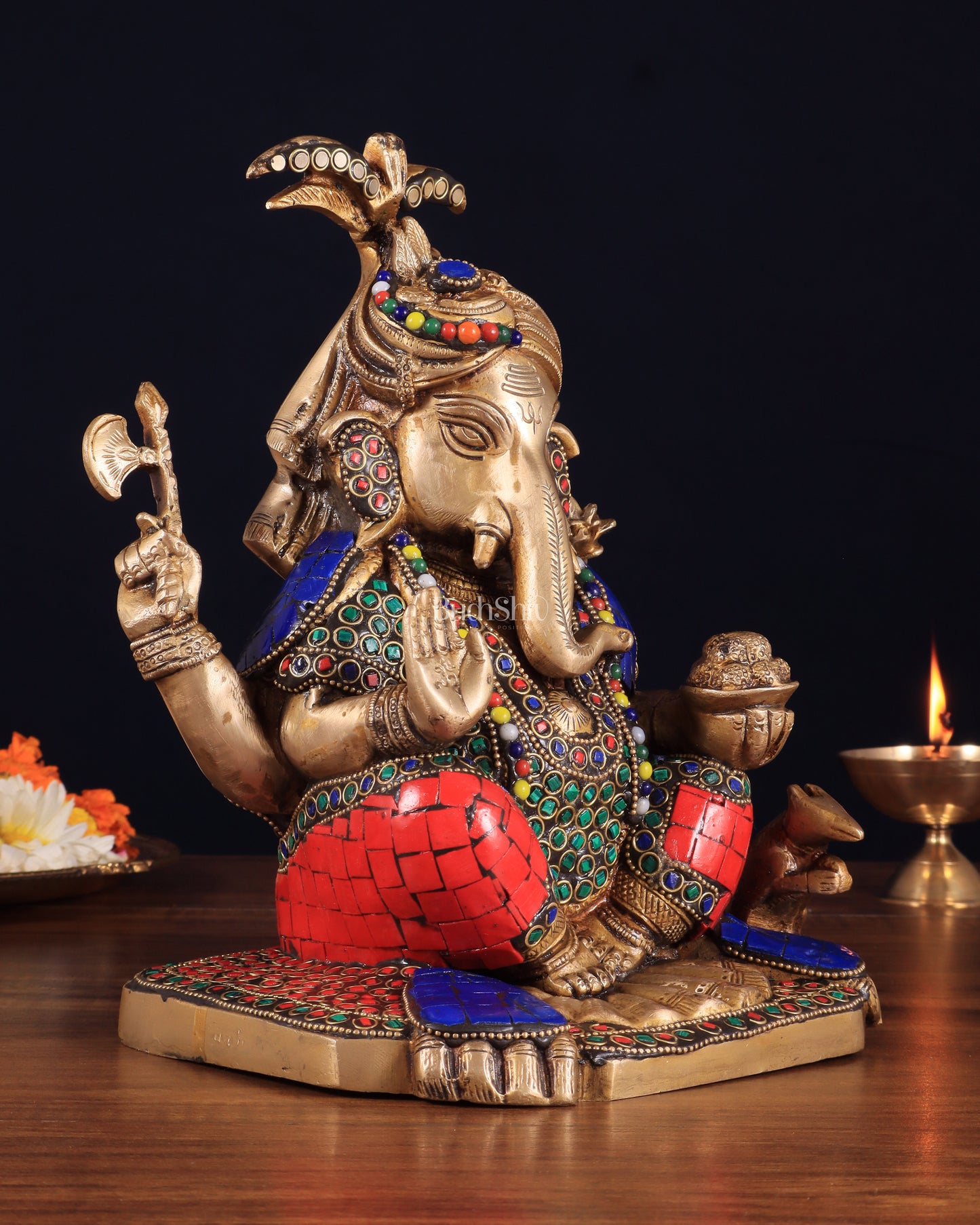 Unique Brass Lord Ganesha Statue with Meenakari Stonework – 9.5"