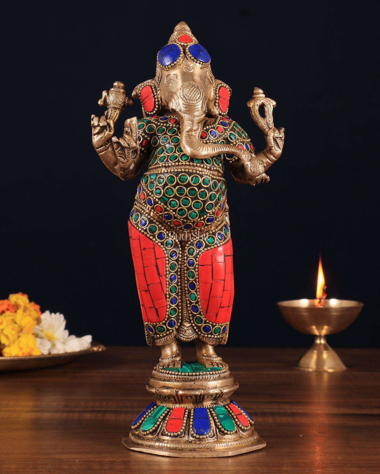 Brass Standing Ganesha Idol 10" with stonework