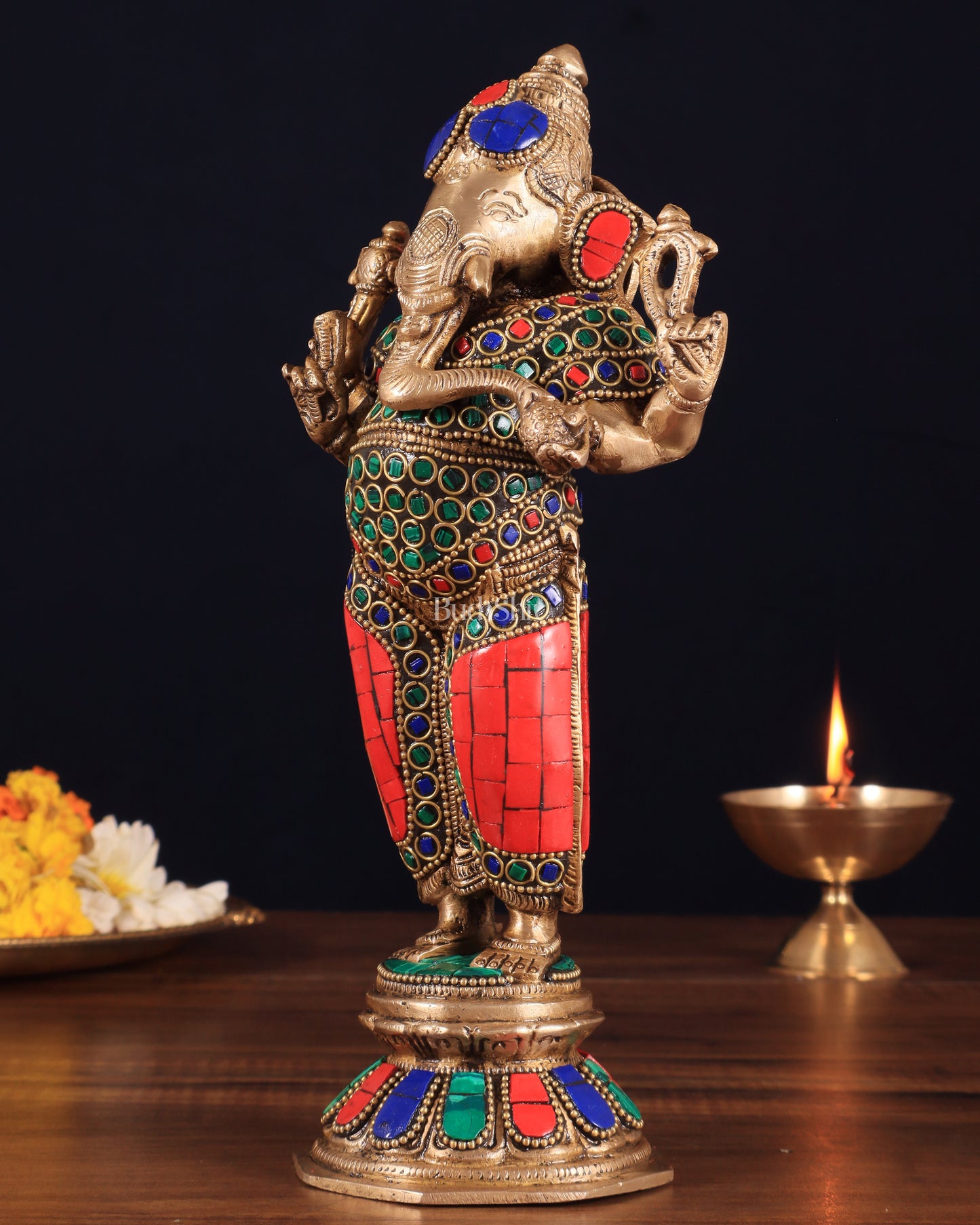 Brass Standing Ganesha Idol 10" with stonework