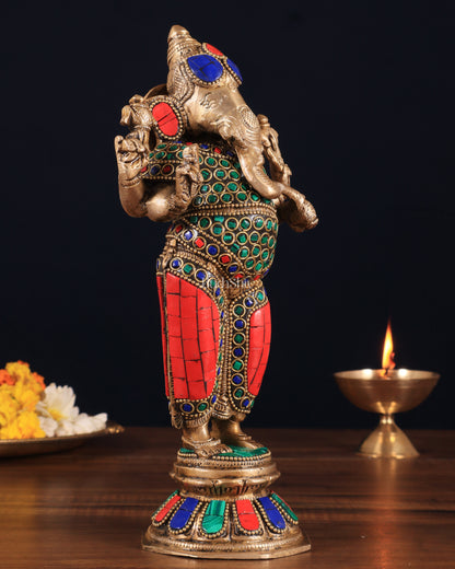 Brass Standing Ganesha Idol 10" with stonework