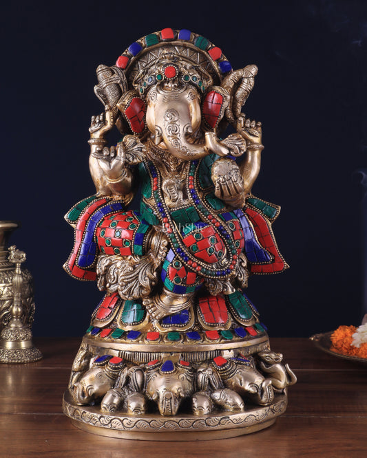 Brass Lord Ganesha Statue Seated on Elephant Throne - 12 Inch with stonework