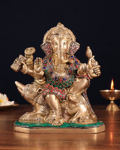 Handcrafted Brass Ganesha on Mooshak with Meenakari Stonework – 8.5" x 6.75" x 3.5" | Divine Elegance