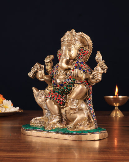 Handcrafted Brass Ganesha on Mooshak with Meenakari Stonework – 8.5" x 6.75" x 3.5" | Divine Elegance