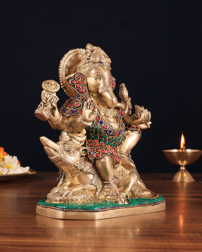 Handcrafted Brass Ganesha on Mooshak with Meenakari Stonework – 8.5" x 6.75" x 3.5" | Divine Elegance