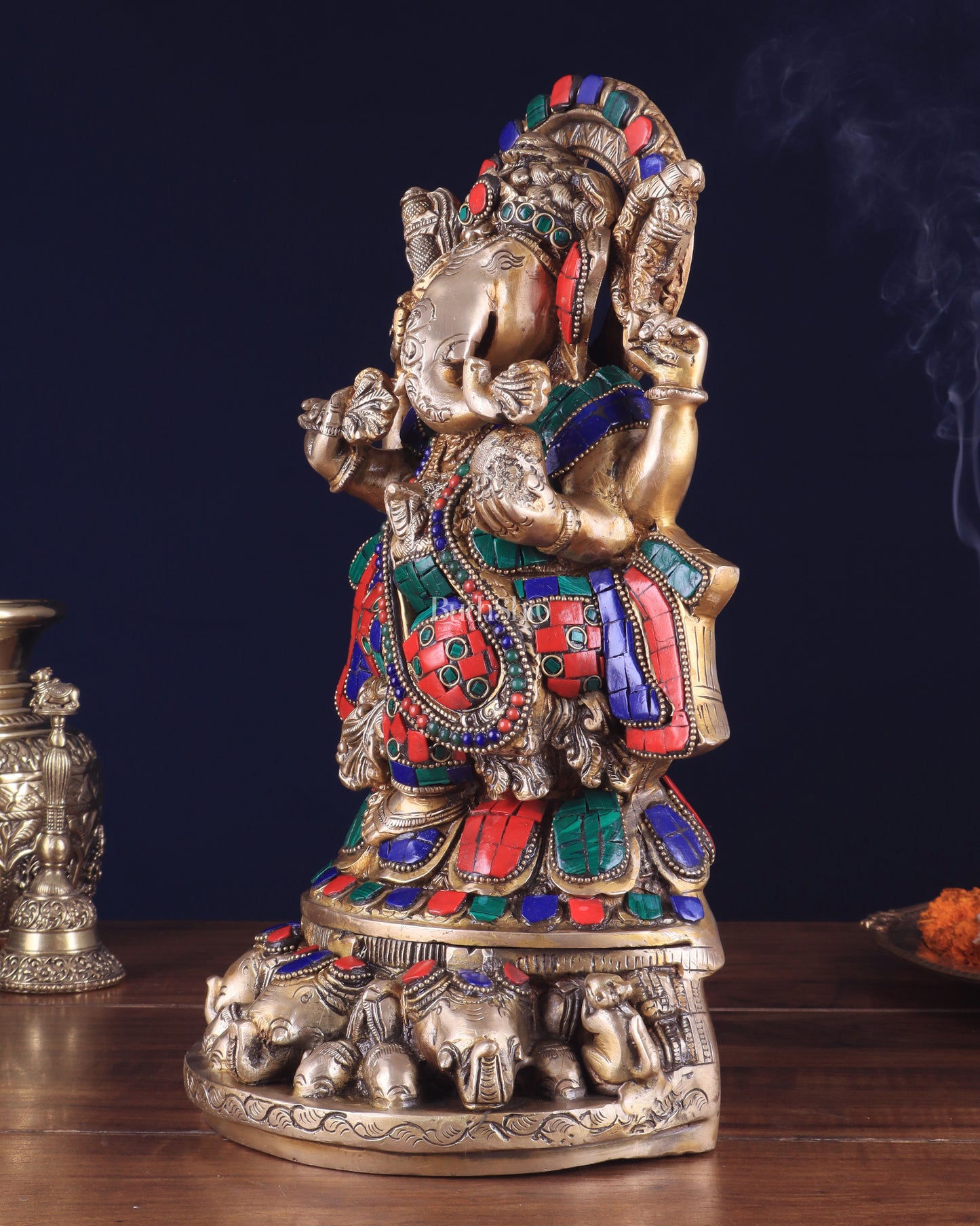 Brass Lord Ganesha Statue Seated on Elephant Throne - 12 Inch with stonework