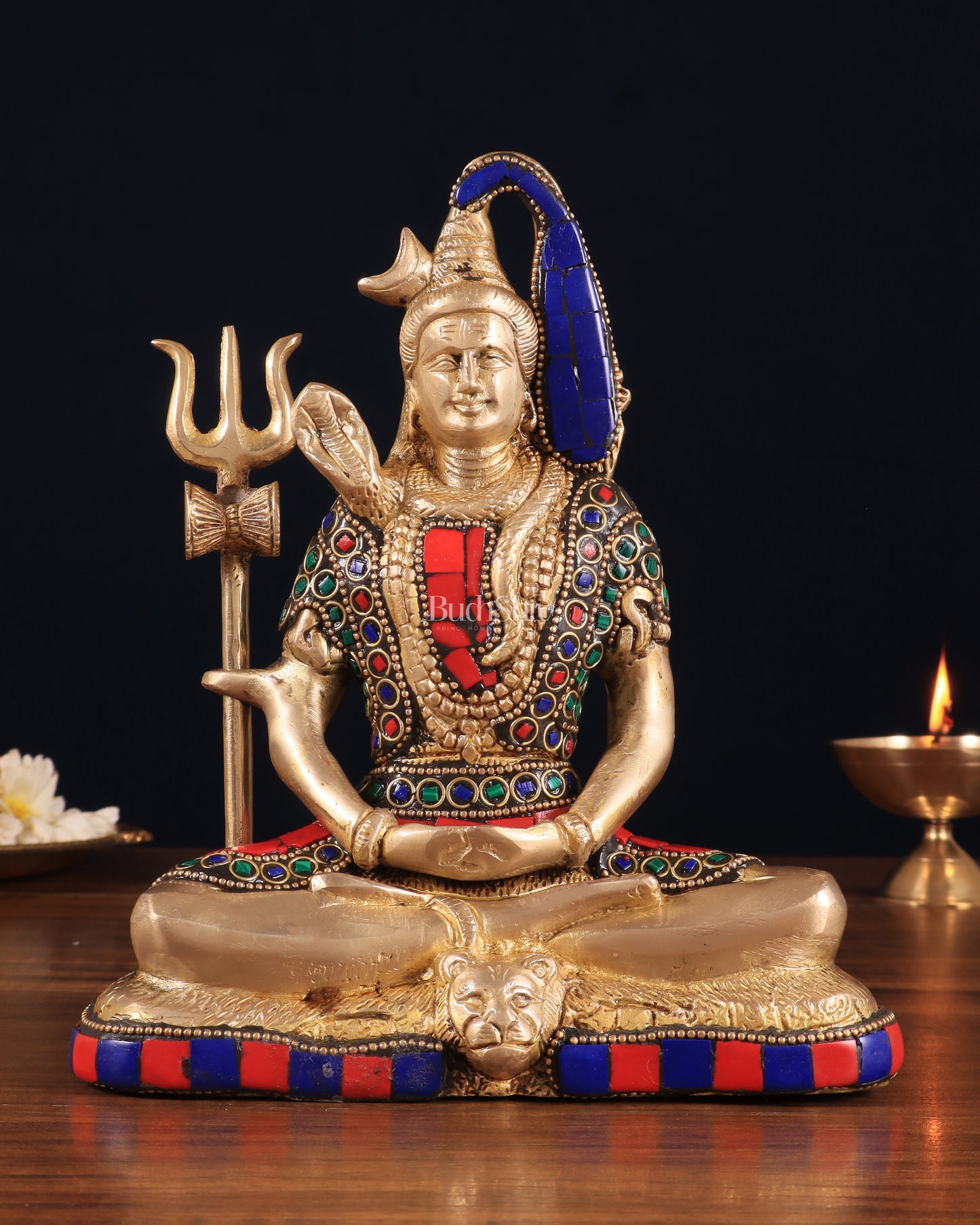 Brass Lord Shiva in Meditation Statue 8" meenakari Stonework