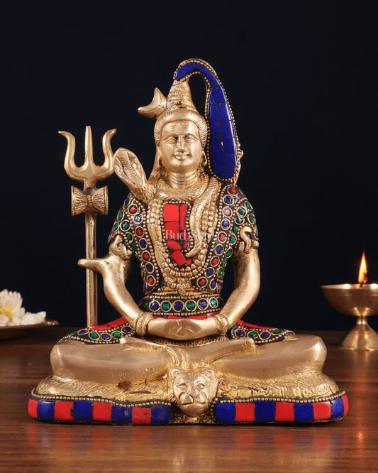 Brass Lord Shiva in Meditation Statue 8" meenakari Stonework