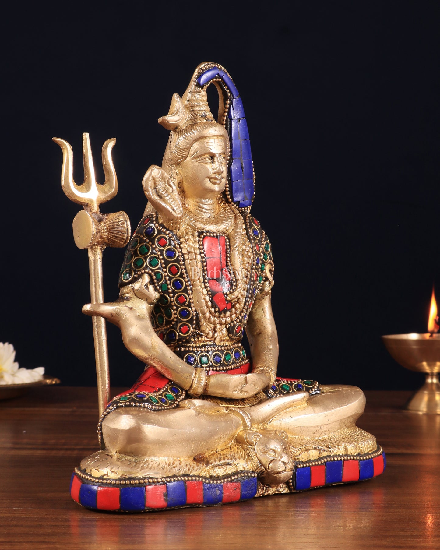 Brass Lord Shiva in Meditation Statue 8" meenakari Stonework