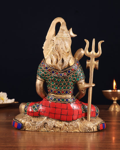 Brass Lord Shiva in Meditation Statue 8" meenakari Stonework