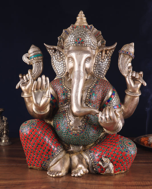 Pure Brass Lord Ganesha Statue - 20 Inch with stonework