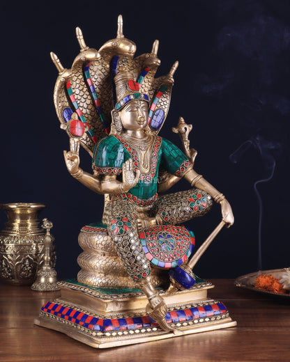 Pure Brass Lord Vishnu statue Sitting Under Sheshanaaga | 11 Inch stonework