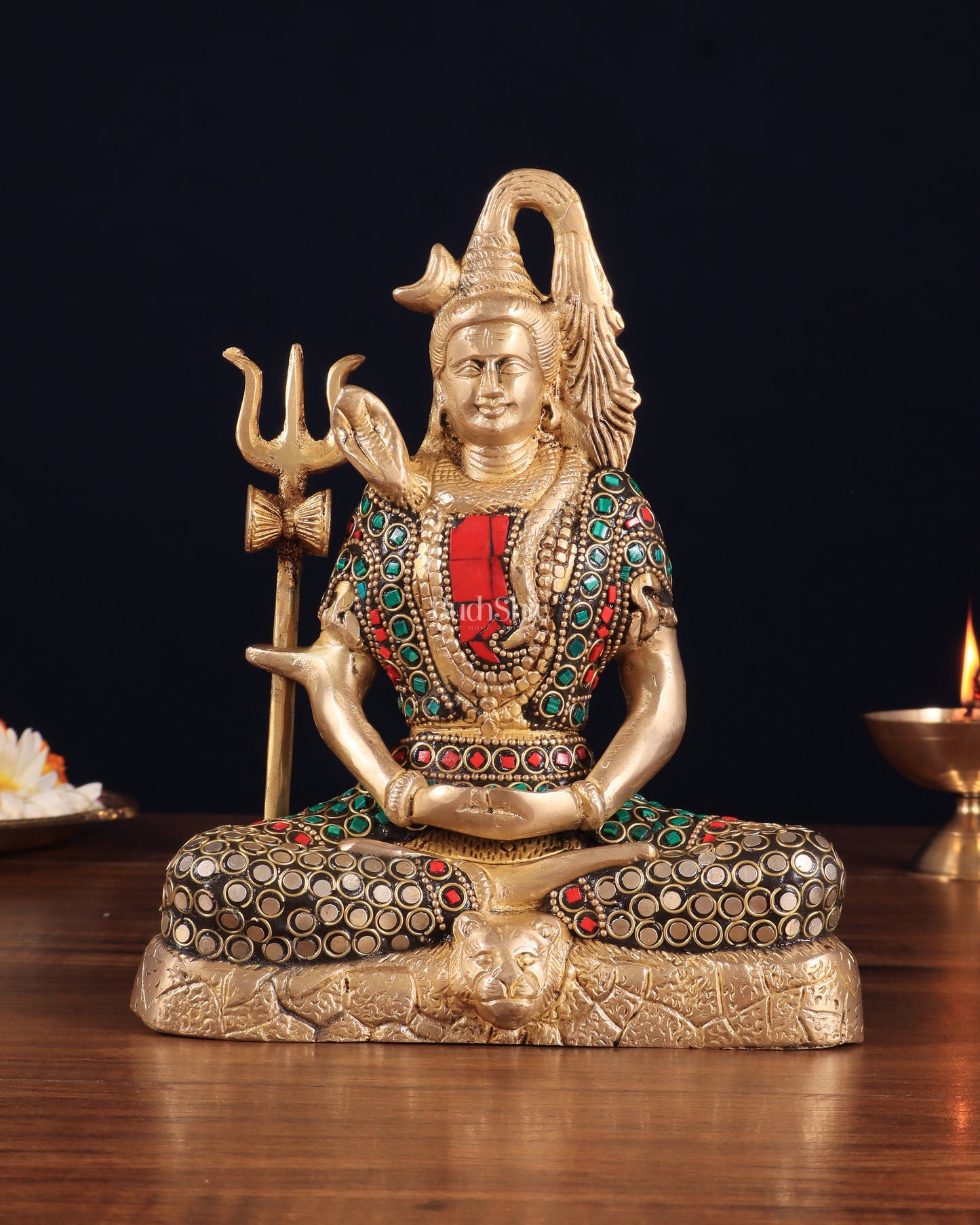 Brass Lord Shiva in Meditation Statue 8" meenakari Stonework