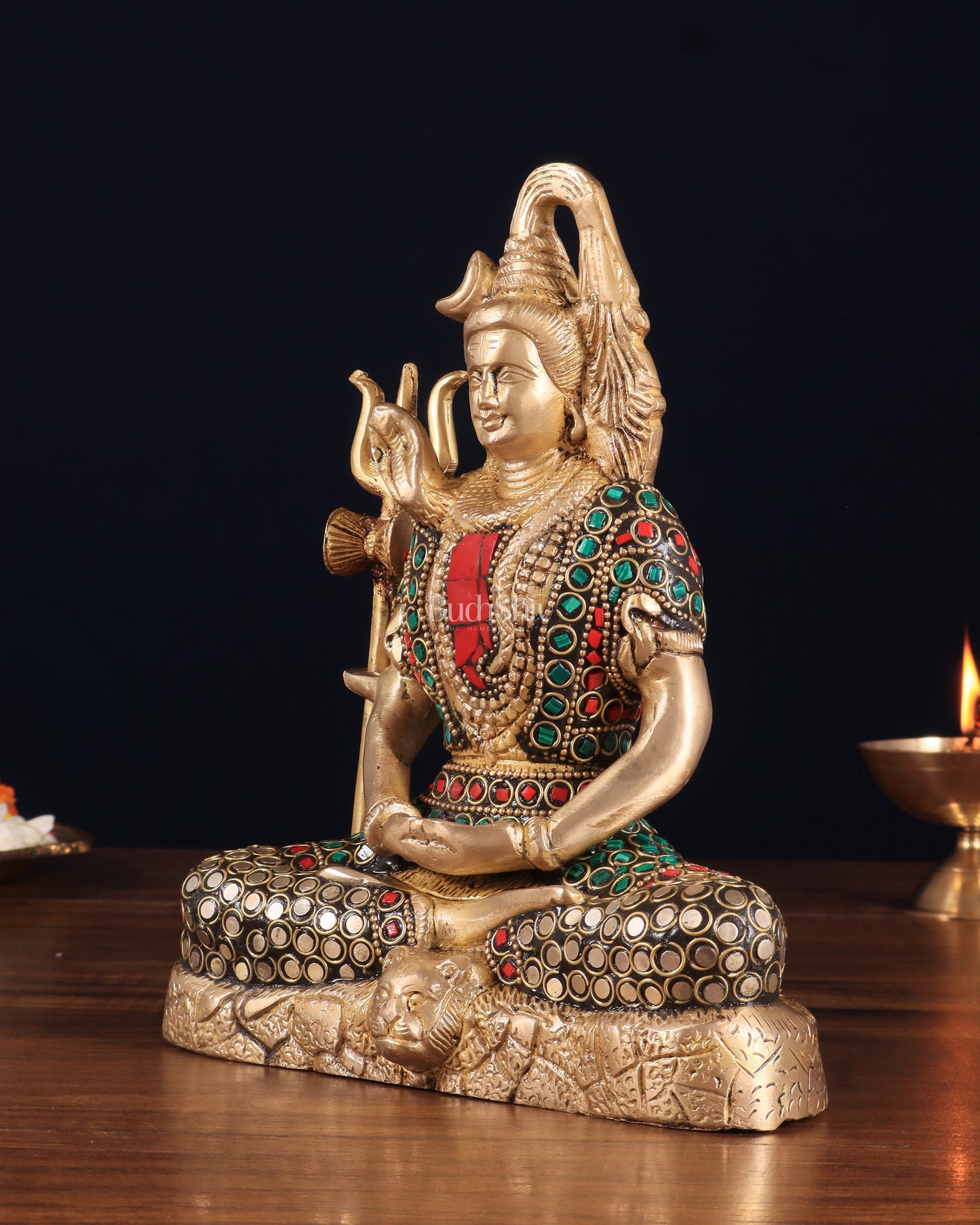 Brass Lord Shiva in Meditation Statue 8" meenakari Stonework