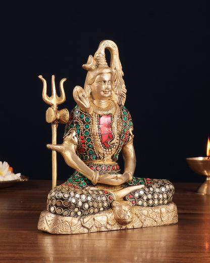 Brass Lord Shiva in Meditation Statue 8" meenakari Stonework