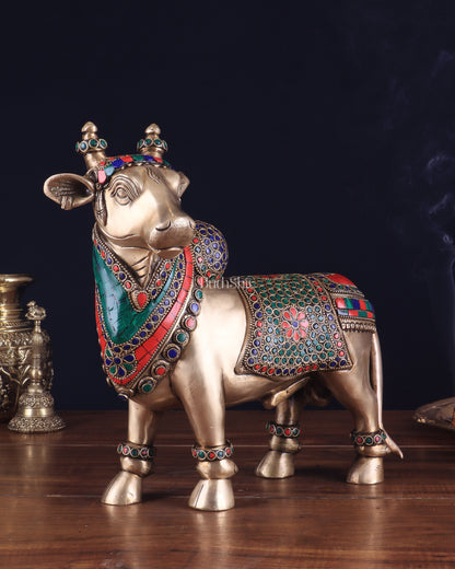 Brass Superfine Standing Nandi Idol | 10.5" stonework