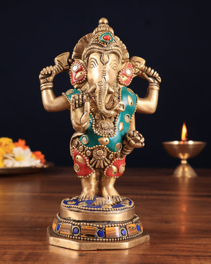 Brass Standing Ganesha Idol | Height 6.5 inch with stonework