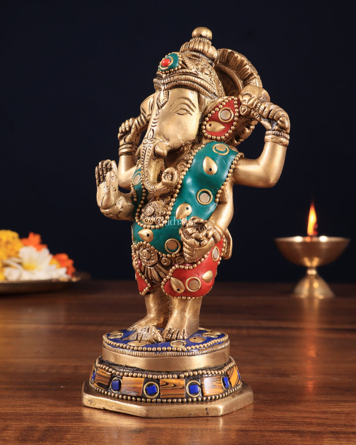 Brass Standing Ganesha Idol | Height 6.5 inch with stonework