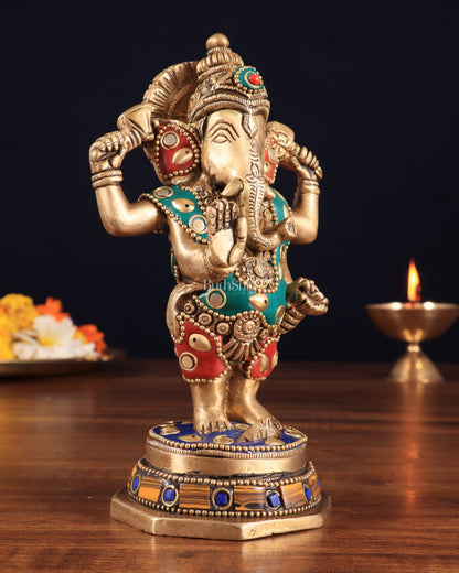 Brass Standing Ganesha Idol | Height 6.5 inch with stonework