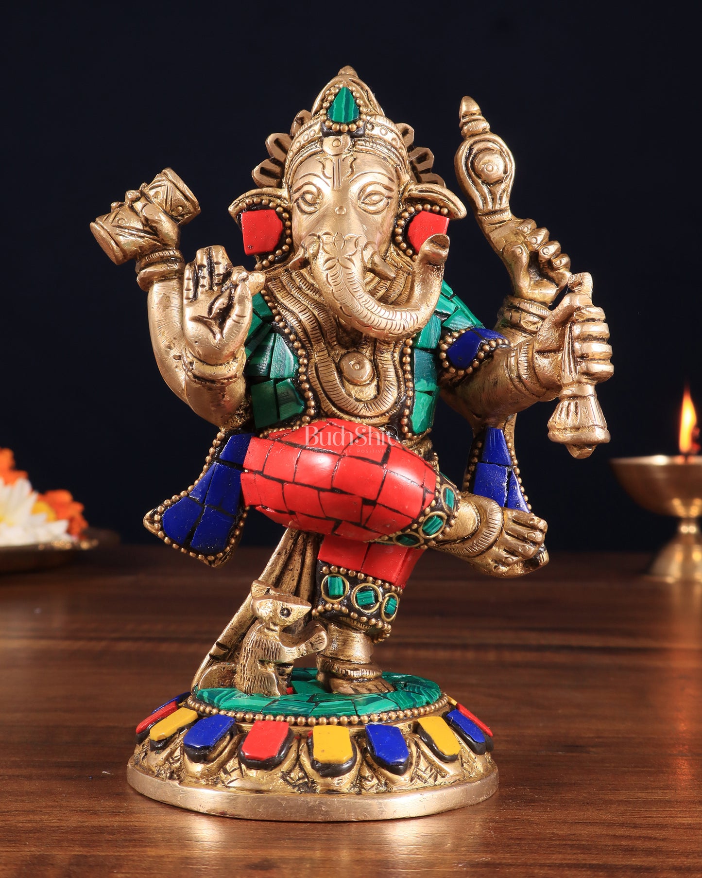 Brass Dancing Ganesha Idol | 6" Height | Meenakari