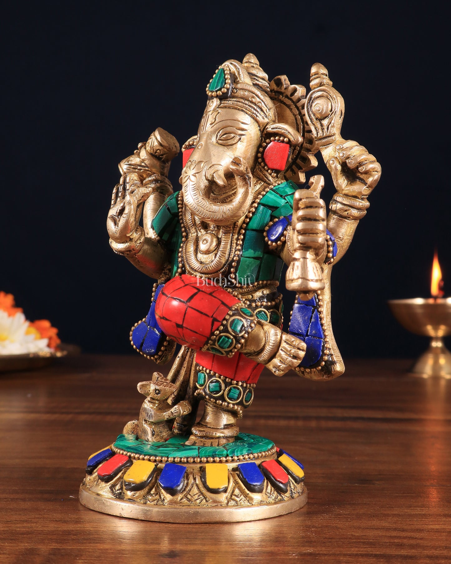 Brass Dancing Ganesha Idol | 6" Height | Meenakari