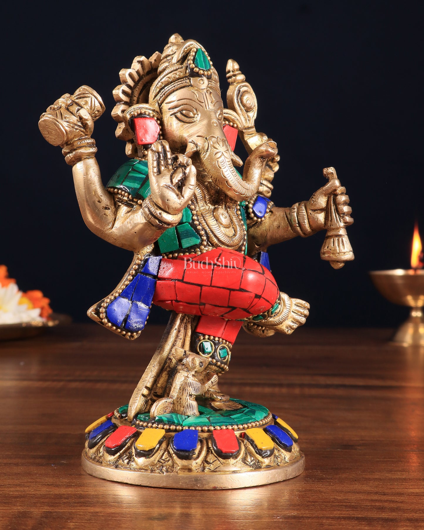 Brass Dancing Ganesha Idol | 6" Height | Meenakari