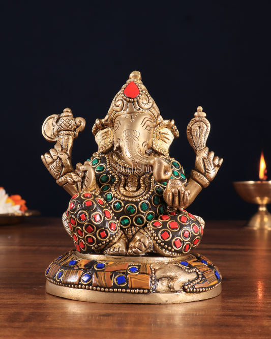 Brass Ganesha Idol with Stonework – 5" x 3" x 2" | Auspicious & Artistic Decor