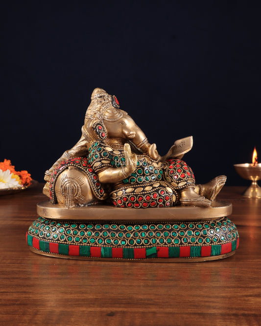 Handcrafted Brass Resting and reading Ganesha Table Accent stonework - 6 Inch