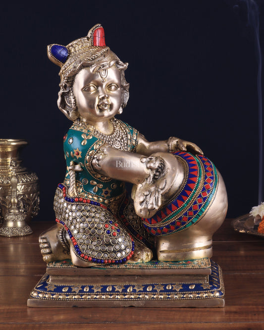 Pure Brass Large Baby Krishna as Makhan Chor Statue - 12" with stonework