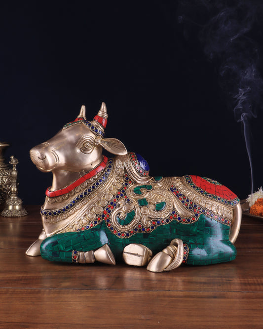 Brass Sitting Nandi Statue - 13" | Right Leg Raised with stonework