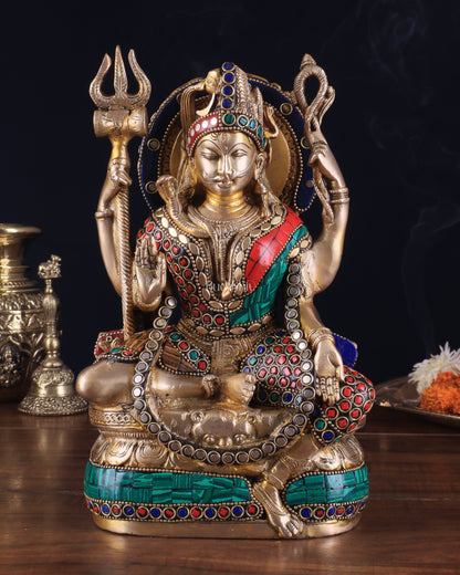 Brass sitting Ardhanarishwara Statue - shiv parvati  - 9.5 inch with stonework