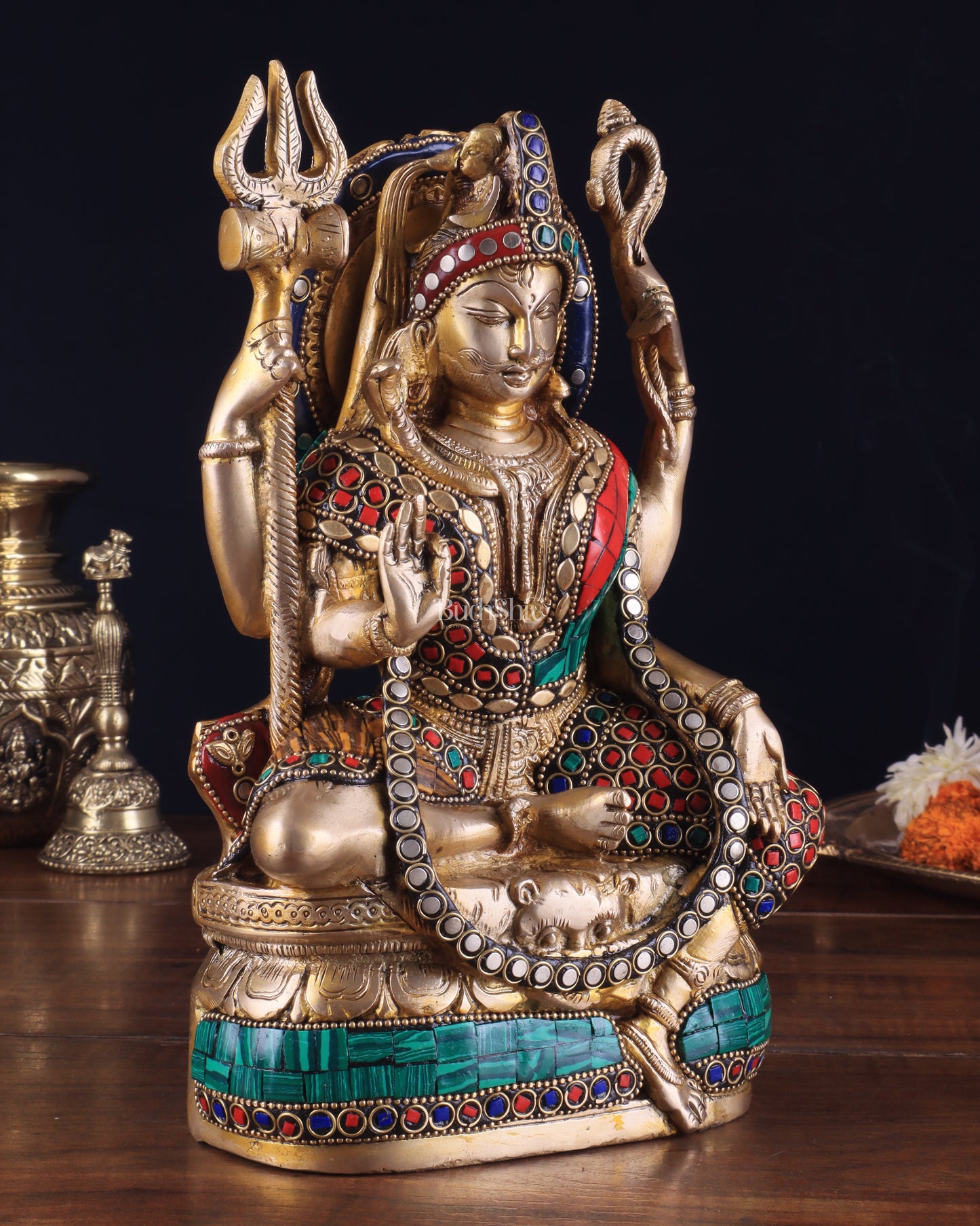 Brass sitting Ardhanarishwara Statue - shiv parvati  - 9.5 inch with stonework