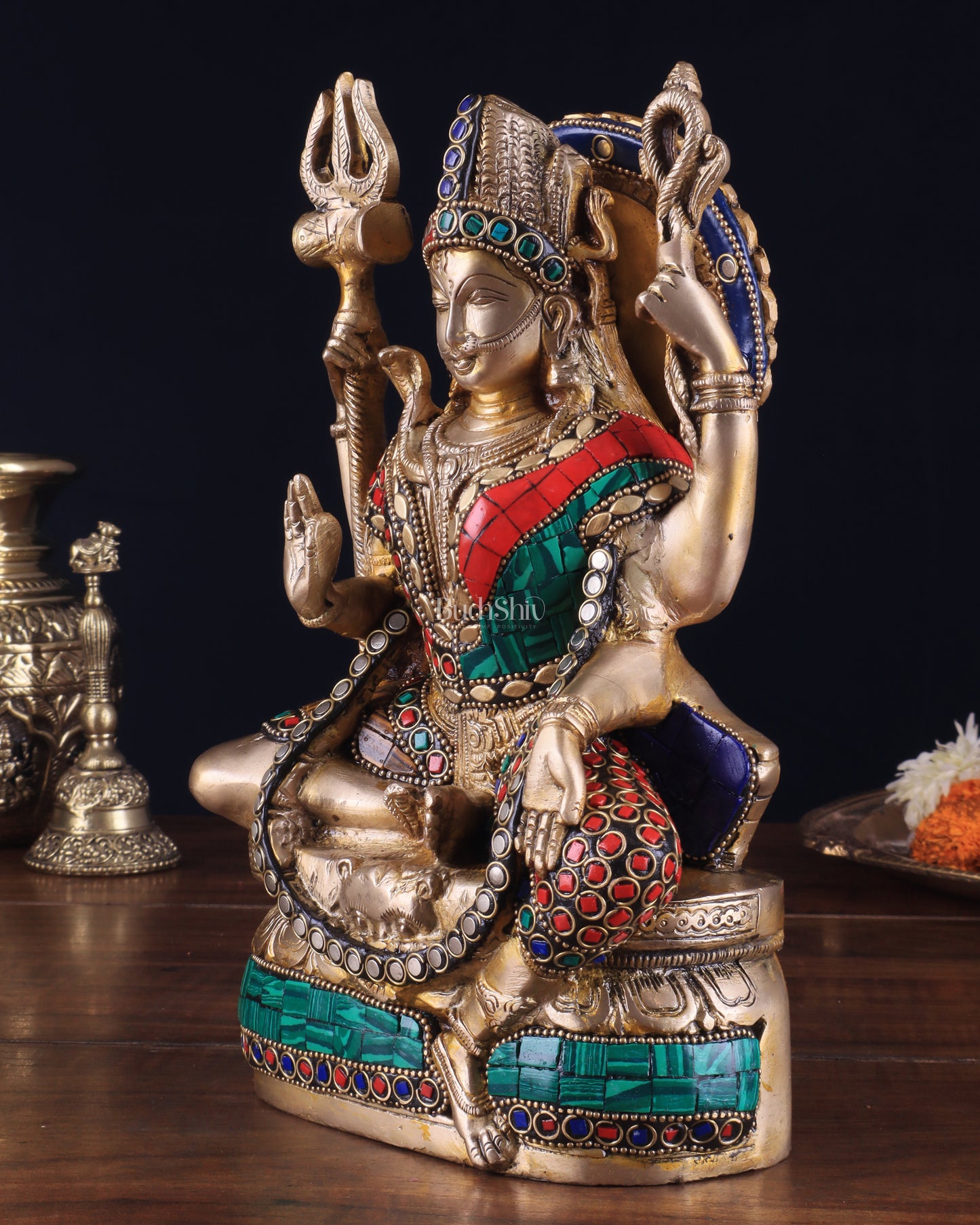 Brass sitting Ardhanarishwara Statue - shiv parvati  - 9.5 inch with stonework