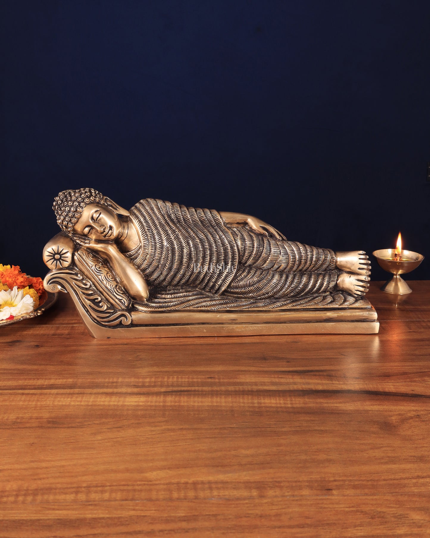 Unique Brass Sleeping Buddha Statue – 7" x 16.5" x 5" | Auspicious & Calming Decor