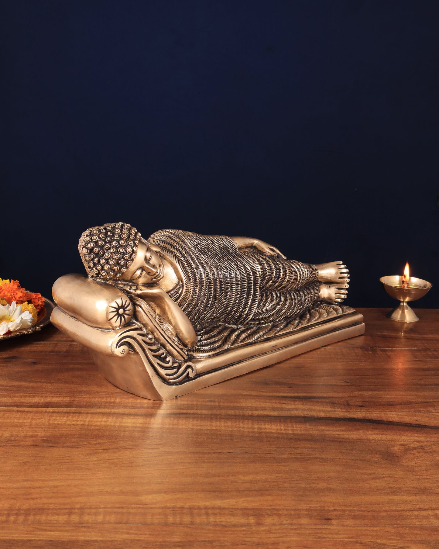 Unique Brass Sleeping Buddha Statue – 7" x 16.5" x 5" | Auspicious & Calming Decor