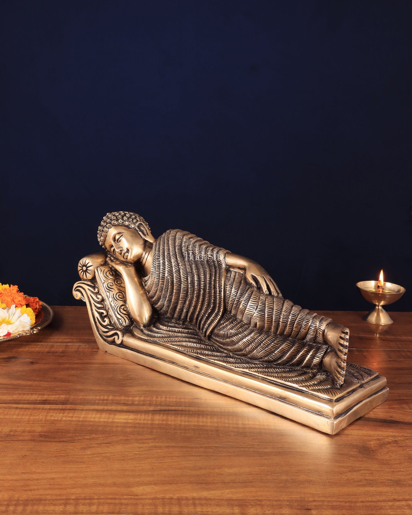 Unique Brass Sleeping Buddha Statue – 7" x 16.5" x 5" | Auspicious & Calming Decor