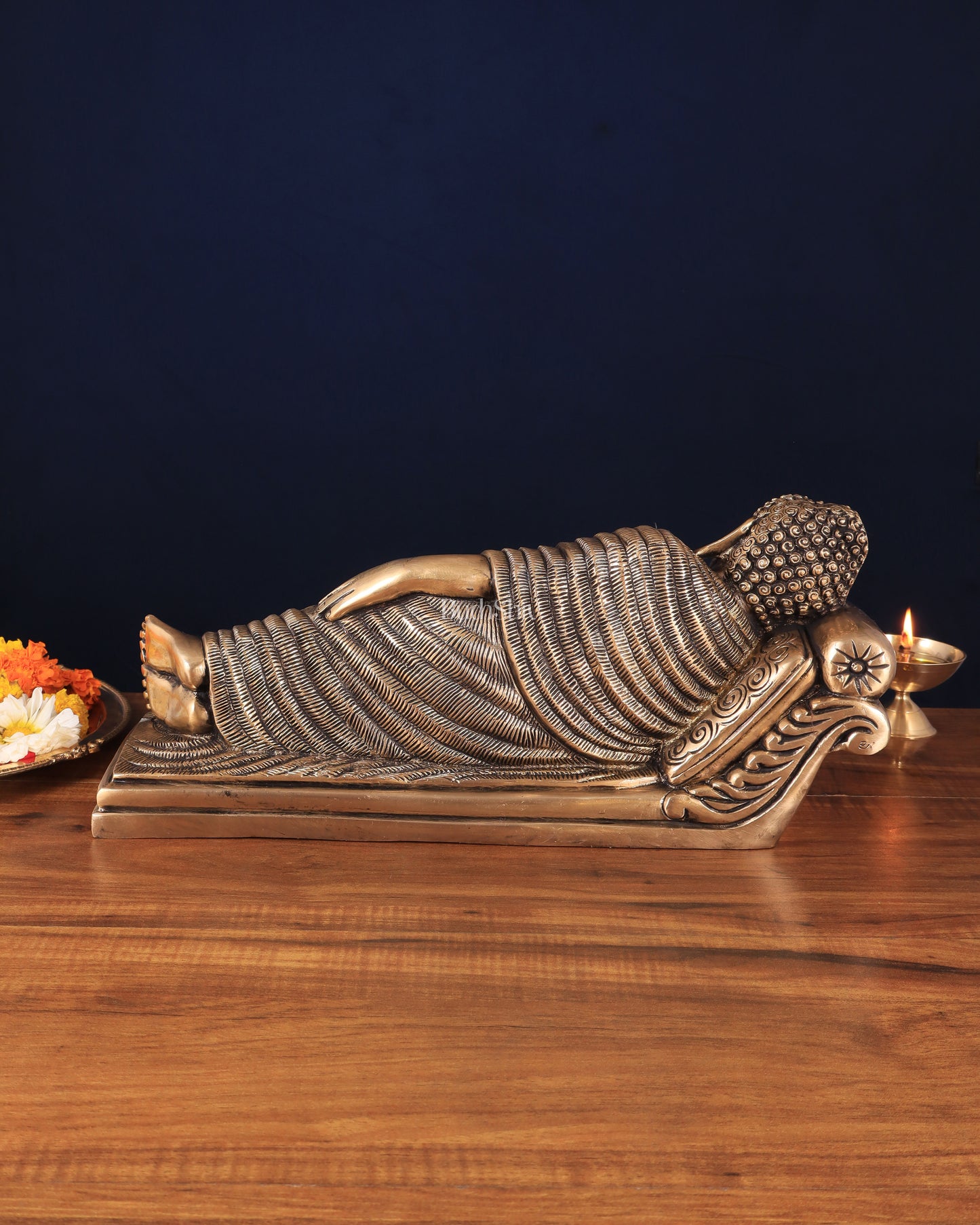 Unique Brass Sleeping Buddha Statue – 7" x 16.5" x 5" | Auspicious & Calming Decor