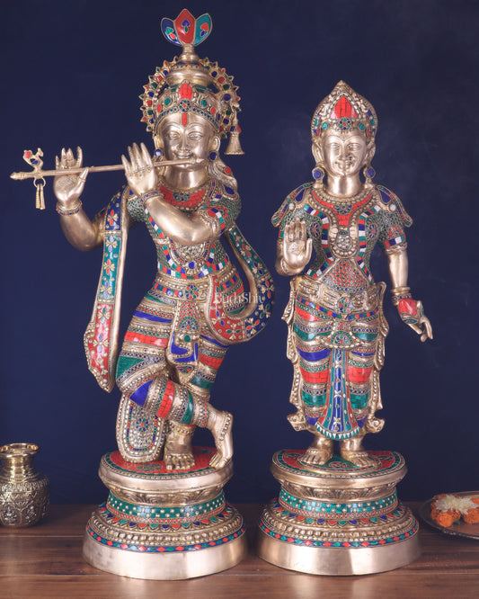 Large Brass Radha Krishna Statues - 36" Height, stonework