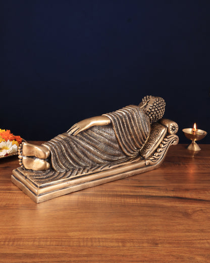 Unique Brass Sleeping Buddha Statue – 7" x 16.5" x 5" | Auspicious & Calming Decor