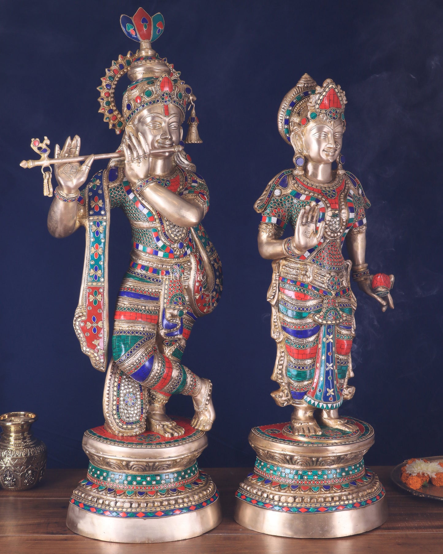 Large Brass Radha Krishna Statues - 36" Height, stonework