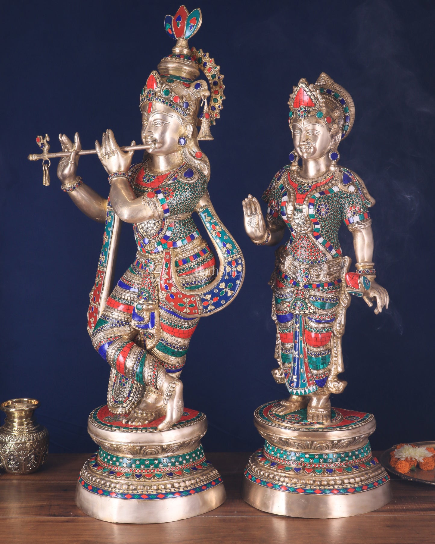 Large Brass Radha Krishna Statues - 36" Height, stonework