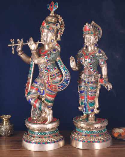 Large Brass Radha Krishna Statues - 36" Height, stonework