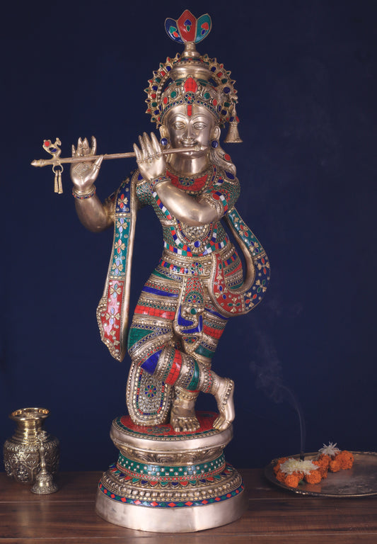 Divine Large brass Lord Krishna Statue - 36 inch with stonework