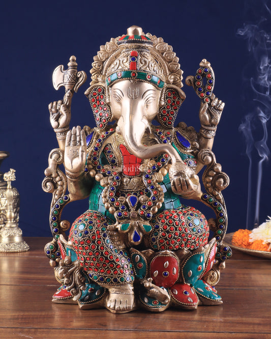 Brass Ganesha Idol with Meenakari Stonework - 12"