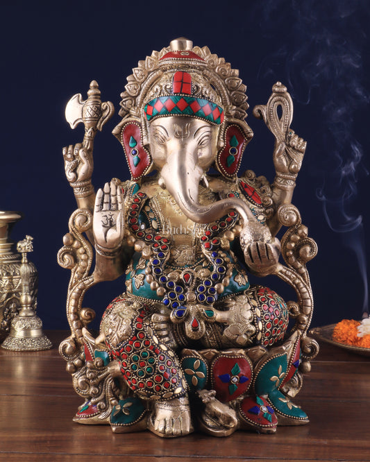 Brass Ganesha Idol with Meenakari Stonework - 12"