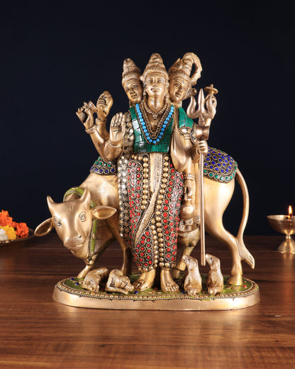 Brass Dattatreya Statue – 11" Tall with stonework