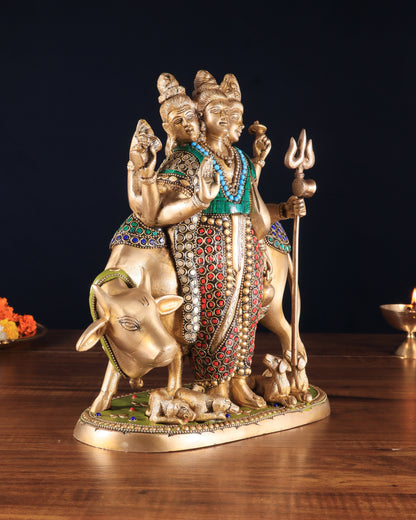 Brass Dattatreya Statue – 11" Tall with stonework