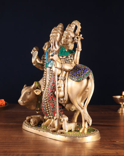 Brass Dattatreya Statue – 11" Tall with stonework