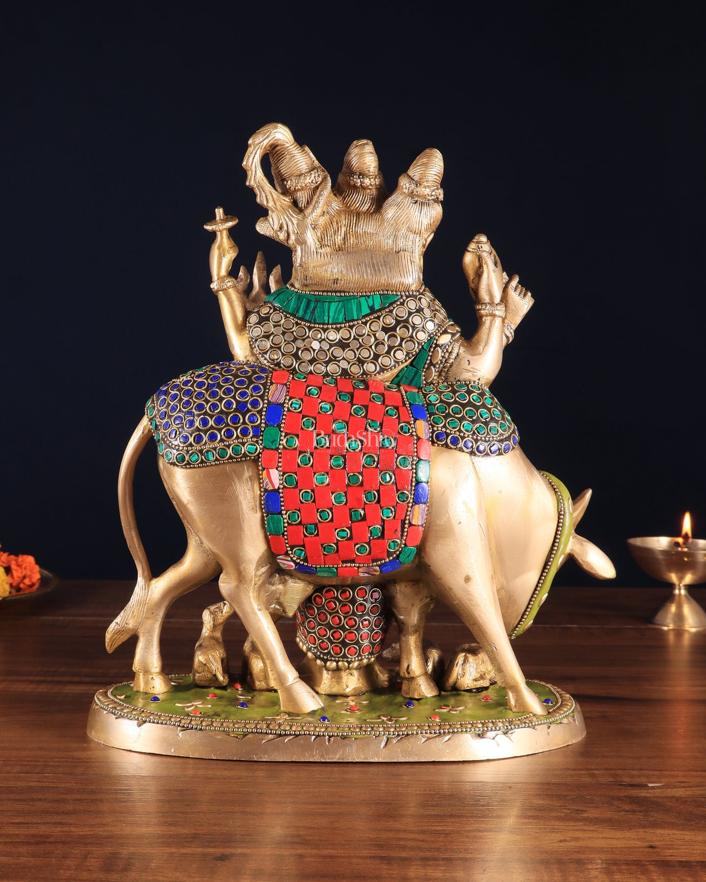 Brass Dattatreya Statue – 11" Tall with stonework